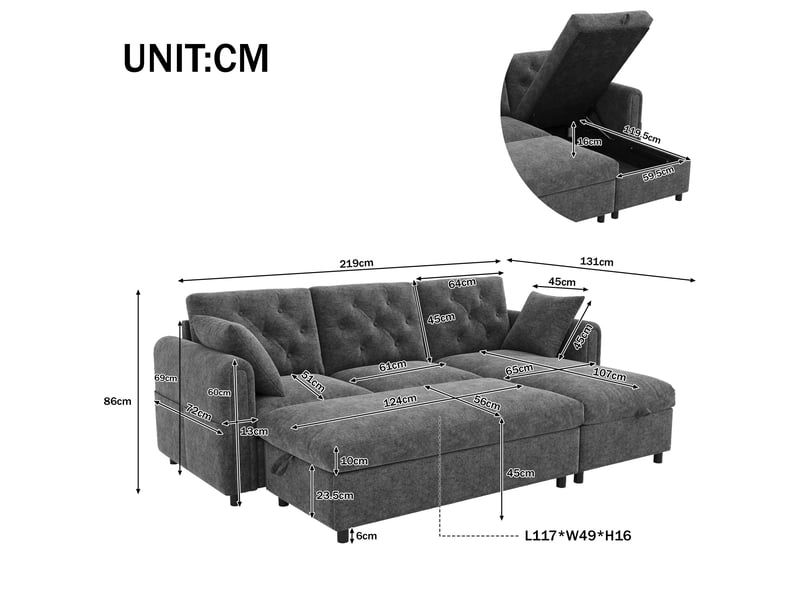Canapé d'angle réversible gris 3 places avec coffre de rangement, pouf et poches latérales 219cm - Conforama C