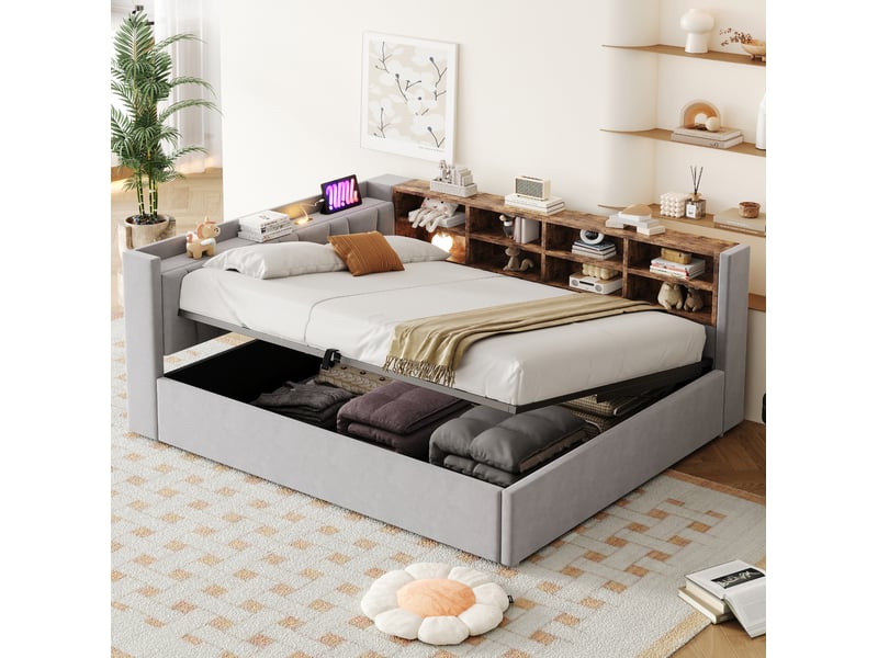  Lit coffre 140x200 cm en velours gris clair avec éclairage et ports usb  - Conforama B