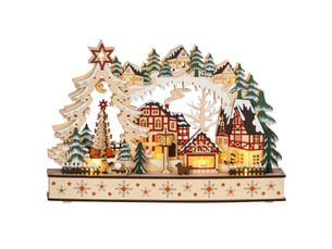Village de noël lumineux, village de noël animé en bois, avec 20 led, paysage enneigé, 45l x 12l x 30h cm, bois naturel