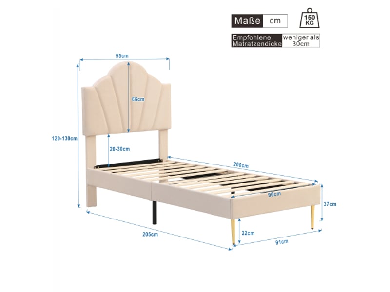  Lit enfant 90x200 cm, lit simple avec tête de lit réglable et sommier à lalttes, en velours, beige, sans matelas  - Conforama D