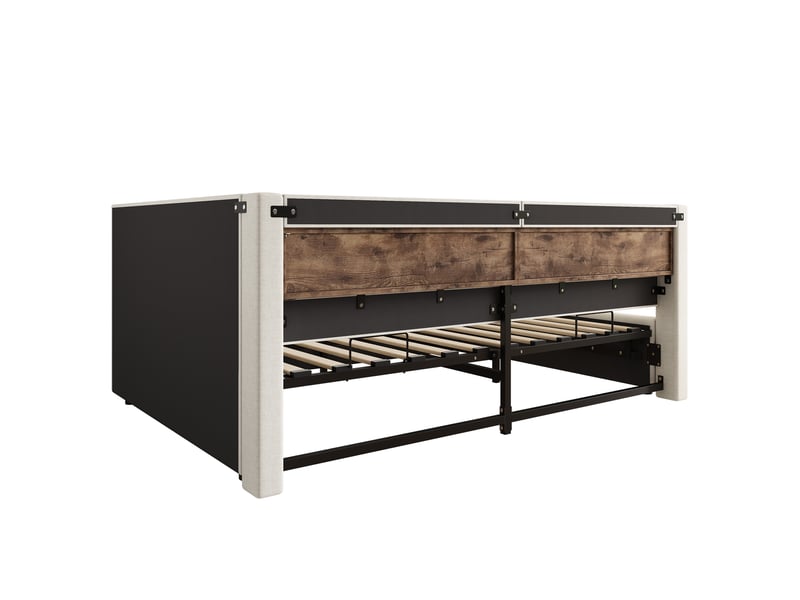  Lit superposé 140x200 cm, lit enfant, couchage d'appoint, rangement hydraulique, étagères, led, port usb, lin beige  - Conforama B