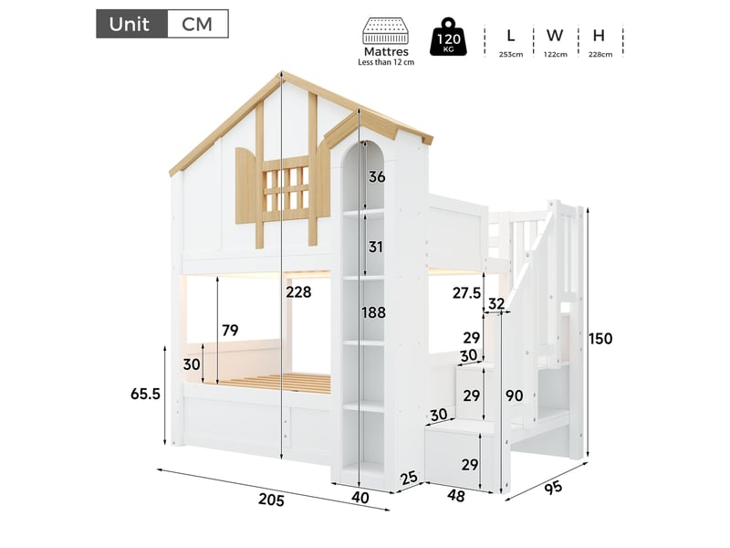  Lit superposé enfant 90 x 200 cm blanc et naturel avec rangement hydraulique et led  - Conforama E