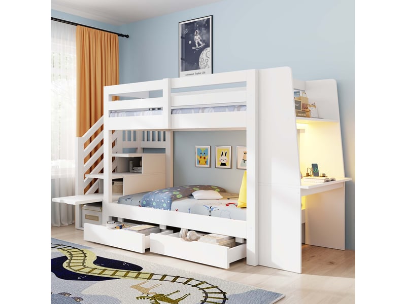  Lit superposé enfant 90x200 cm avec bureau, bibliothèque, escalier de rangement, led, prise intégrée, 2 tiroirs, structure bois et mdf blanc  - Conforama C
