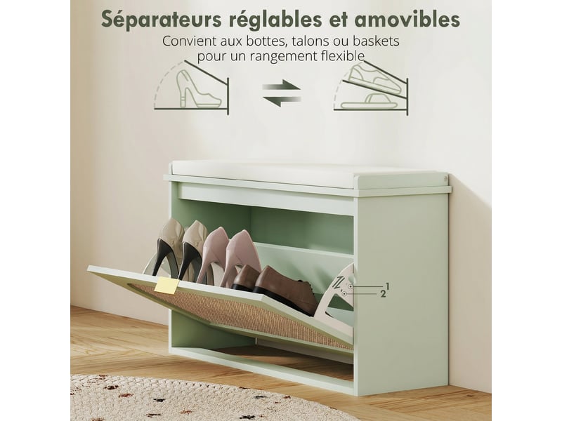 Banc à chaussures, banc de rangement, assise rembourrée, tiroir rabattable, porte en rotin, vert, 80 x 26 x 47,5 cm - Conforama W