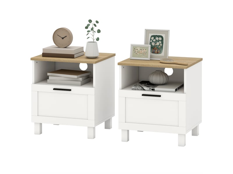  Ensemble de 2 tables de chevet avec tiroir, compartiment ouvert, pieds en bois, 45 x 38 x 50 cm, blanches  - Conforama B