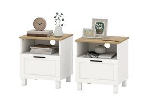 Ensemble de 2 tables de chevet avec tiroir, compartiment ouvert, pieds en bois, 45 x 38 x 50 cm, blanches