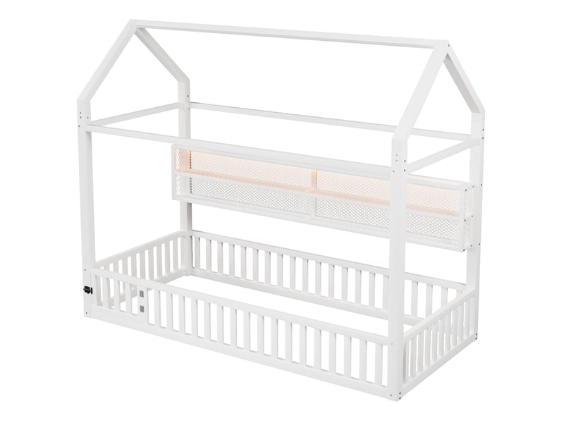 Lit cabane enfant 90x200 cm avec barrière, lit enfant en métal blanc, sans matelas  - Conforama A