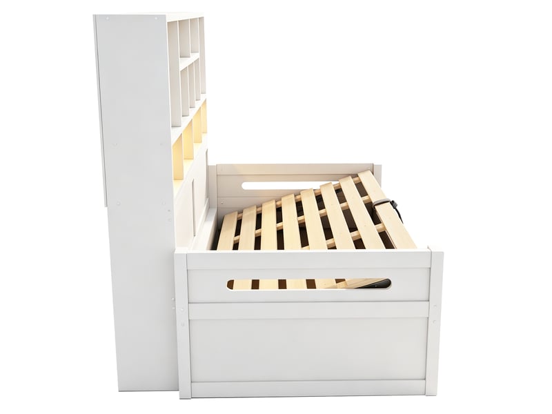  Lit coffre 1 place 90 x 200 cm en mdf avec 2 tiroirs, rangement hydraulique, led et prises, blanc, matelas non précisé  - Conforama E