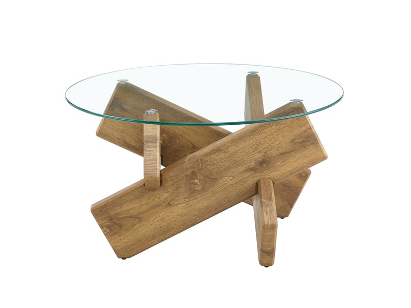  Table basse ronde mdf et verre, piètement croisé en bois, design créatif et moderne, 79cm de diamètre, plateau en verre trempé 0,8cm, coloris au choix  - Conforama A