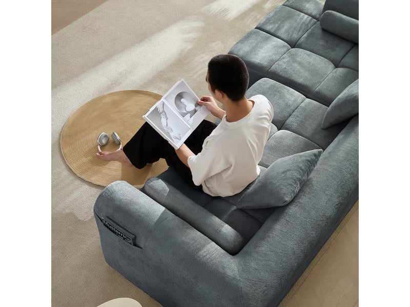  Canapé d'angle bleu 4 places en tissu chenille doux - largeur de 263 cm avec accoudoirs arrondis  - Conforama E