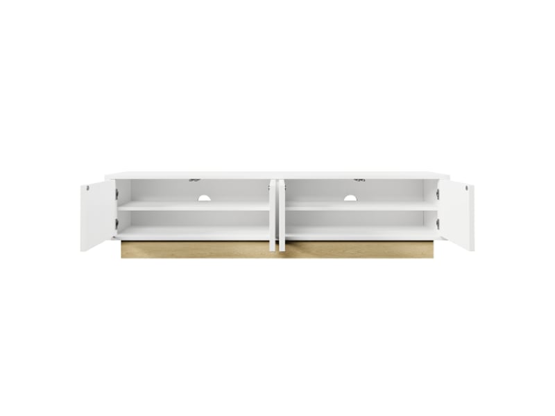  Meuble tv blanc moderne 175 cm – grain de bois, design curviligne, rangement et gestion des câbles  - Conforama D