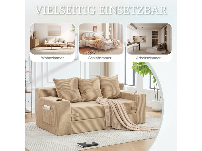  Canapé 2 places convertible en velours côtelé, porte-gobelets, poches latérales, modulaire sans montage  - Conforama E