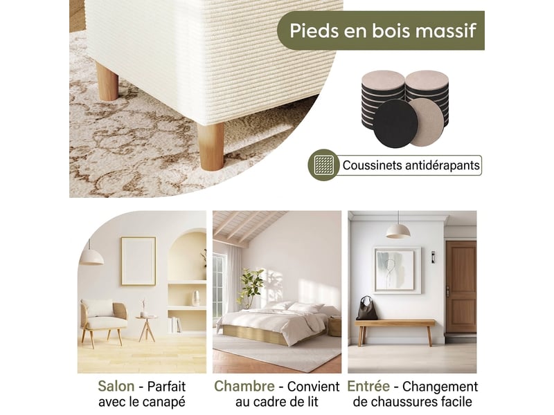  Banc de lit beige 165 cm en velours côtelé avec coffre hydraulique  - Conforama D