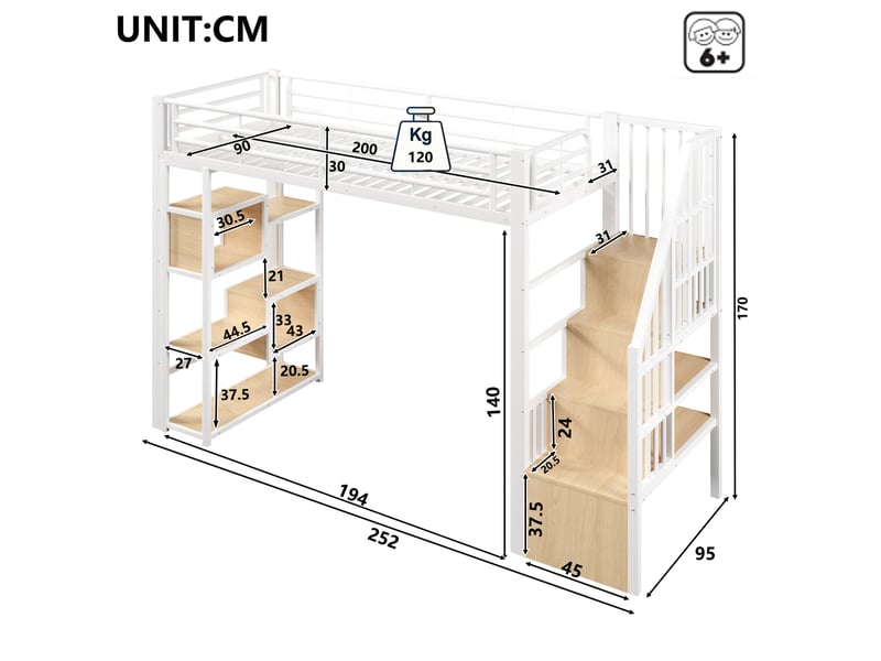  Lit surélevé enfant 90x200 cm  led, rangements, marches, tiroirs tissu, garde-corps, métal mdf blanc sans matelas  - Conforama C