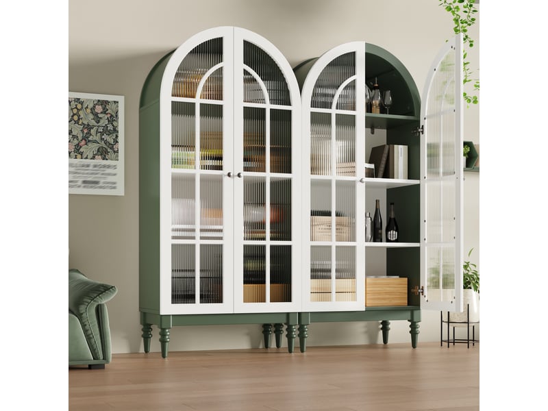 Lot de 2 vitrines de cuisine cintrées 165 cm, portes verre cannelé, tablettes réglables, style vintage, 76x38,5x165 cm chacune, vert foncé - Conforama B