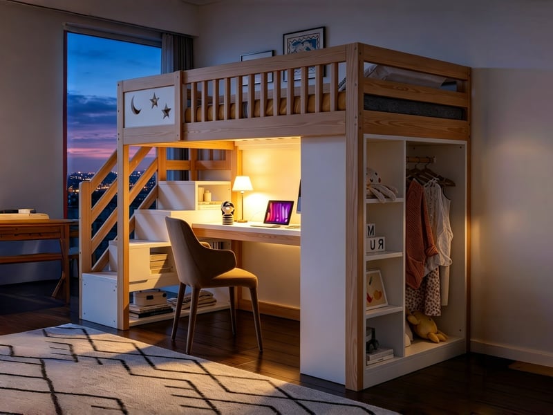  Lit mezzanine en bois 90 × 200 cm, avec rambarde unique, incluant bureau, étagères ouvertes et armoire, finition bois  - Conforama B