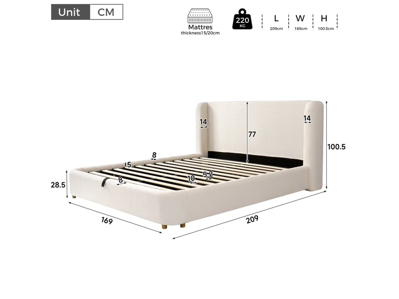  Lit coffre 2 places 140x190 cm avec sommier à lattes bouclette beige  - Conforama C