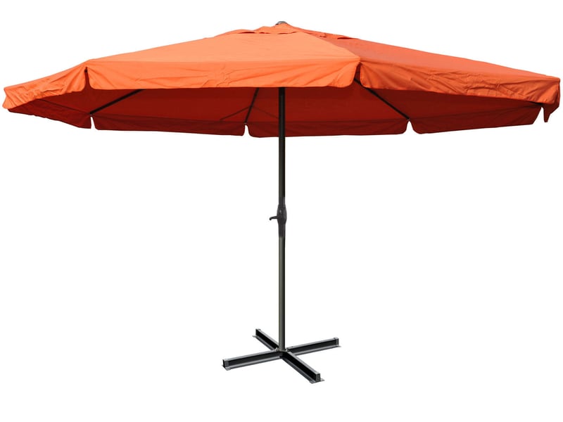  Parasol de jardin ø 5 m avec lambrequin manivelle et base en croix sans pied polyester terracotta et aluminium 04_0011461  - Conforama B