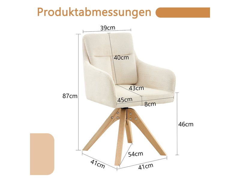  Lot de 2 chaises de salle à manger,45x43x87 cm,pivotantes 360°,velours,beige  - Conforama C