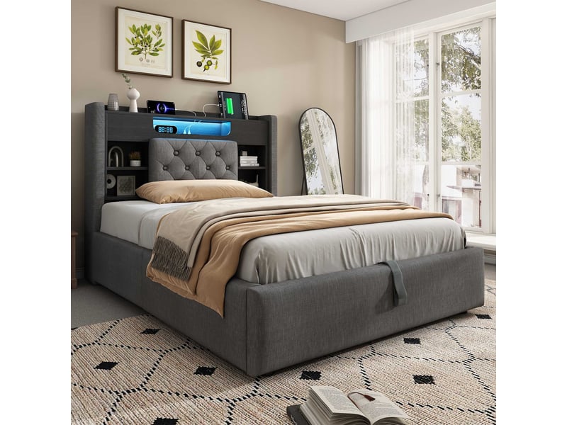  Lit coffre 90x200cm, led, usbtype-c, tête de lit avec étagère, sommier, lin gris, sans matelas C-DEGAYUN - Conforama B