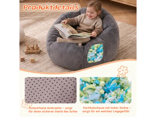 Pouf poire petit format enfant 75 x 70 x 52 cm gris clair, fausse fourrure douce, fauteuil lounge sans montage