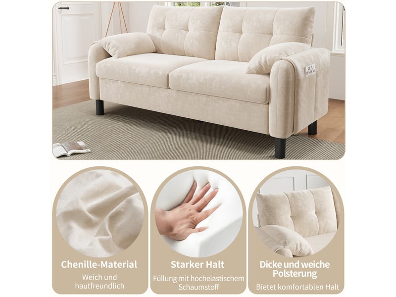  Canapé 2 places 158x80x88,5 cm – beige – chenille, coussins épais, design scandinave pour petit espace  - Conforama E