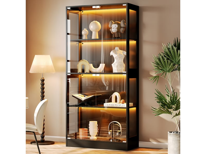  Vitrine led pour figurines, 4 niveaux, 80 x 35 x 170 cm, mdf et verre trempé noir  - Conforama E