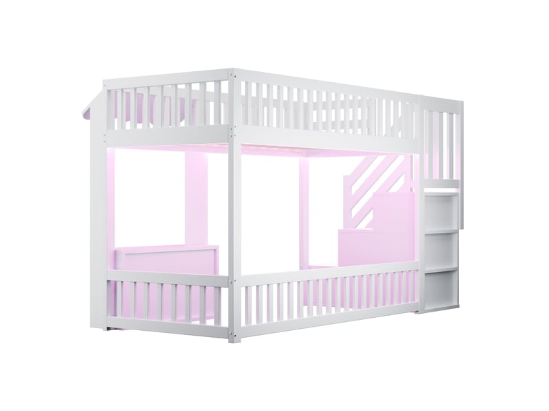Lit mezzanine en bois 90×200 cm, avec armoire de rangement, escalier de rangement, bande lumineuse led multicolore, design sous les combles, sommier à lattes, lit simple, blanc - Conforama E