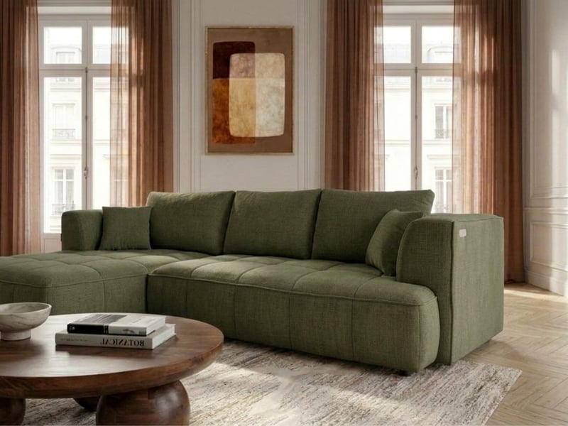  Bobochic canapé d'angle convertible avance-recule électrique clovis tissu lisse vert  angle gauche CLOVIS - Conforama D