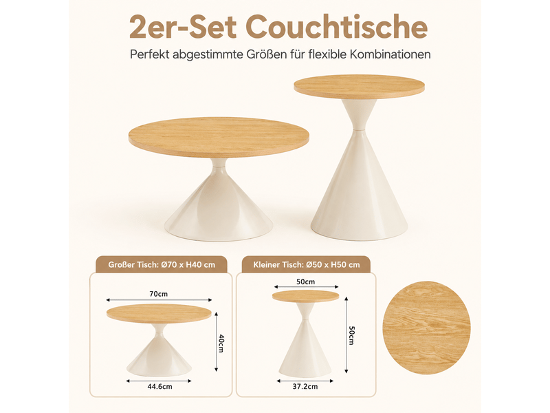  Lot de 2 tables basses rondes, effet bois, pied acier carbone crème, ø70×40 &amp; ø50×50 cm  - Conforama C