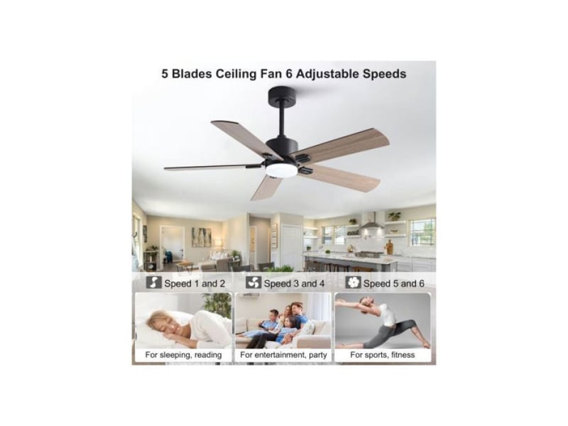  Plafonnier ventilateur 106 cm, avec lumière led, télécommande, silencieux, moteur dc, 6 vitesses, noir et noyer  - Conforama D