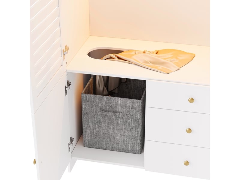  Armoire penderie blanche avec panier à linge intégré, éclairage led, 6 tiroirs, 180x50x200 cm, pour chambre  - Conforama E