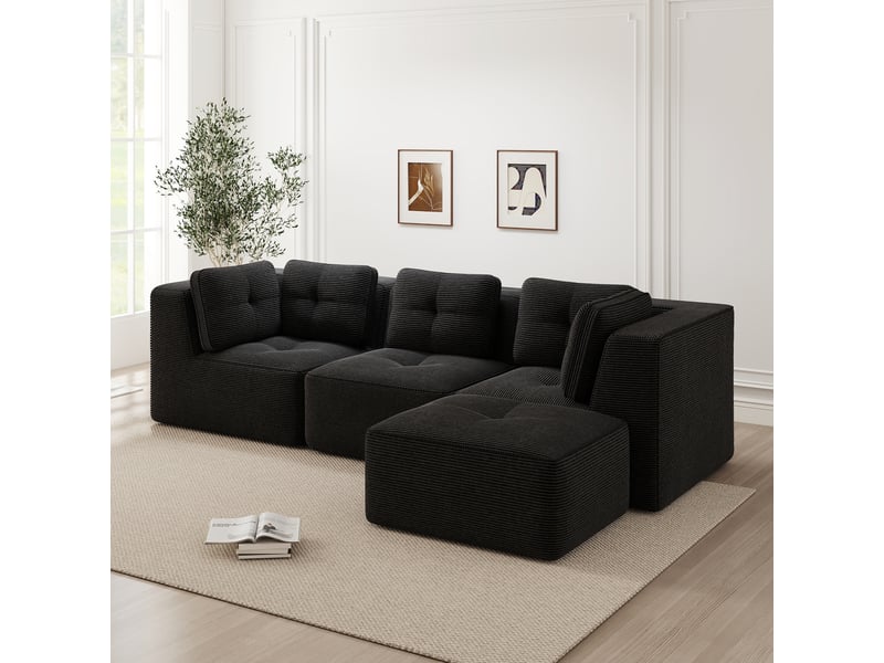  Canapé d'angle modulaire avec assise profonde et dossier souple en velours côtelé noir  - Conforama B