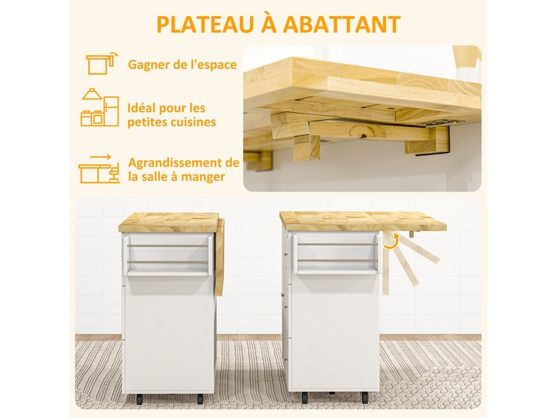  Desserte îlot de cuisineplateau rabattable 3 tiroirs 1 placard porte-torchons et porte-épices blanc 111,5 x 75 x 89 cm  - Conforama R