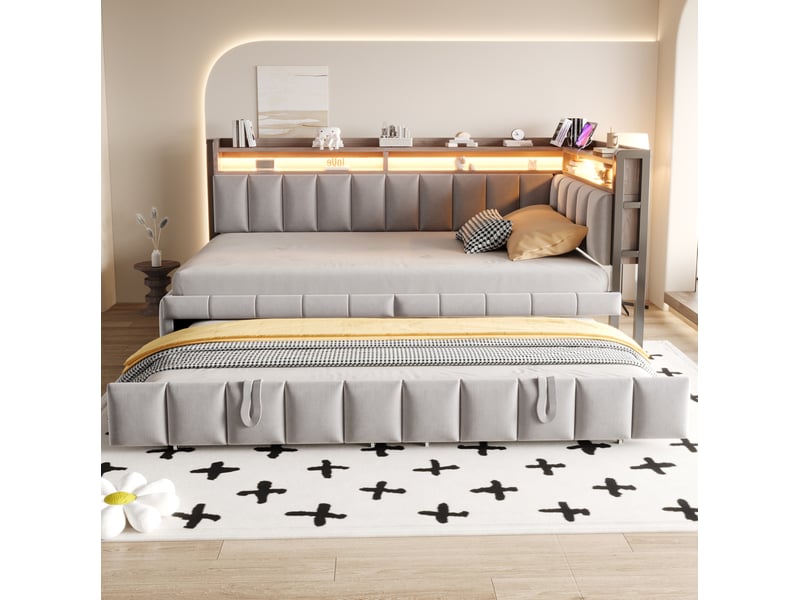 Lit banquette 90x200 cm – gris clair – lit gigogne, éclairage led réglable, ports usb et usb-c - sans matelas - Conforama B