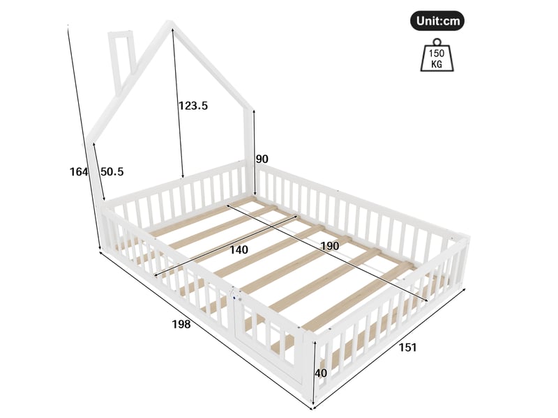  Lit enfant maison 140 x 190 cm design moderne barrières sécurité sommier à lattes robuste pin mdf blanc sans matelas  - Conforama C