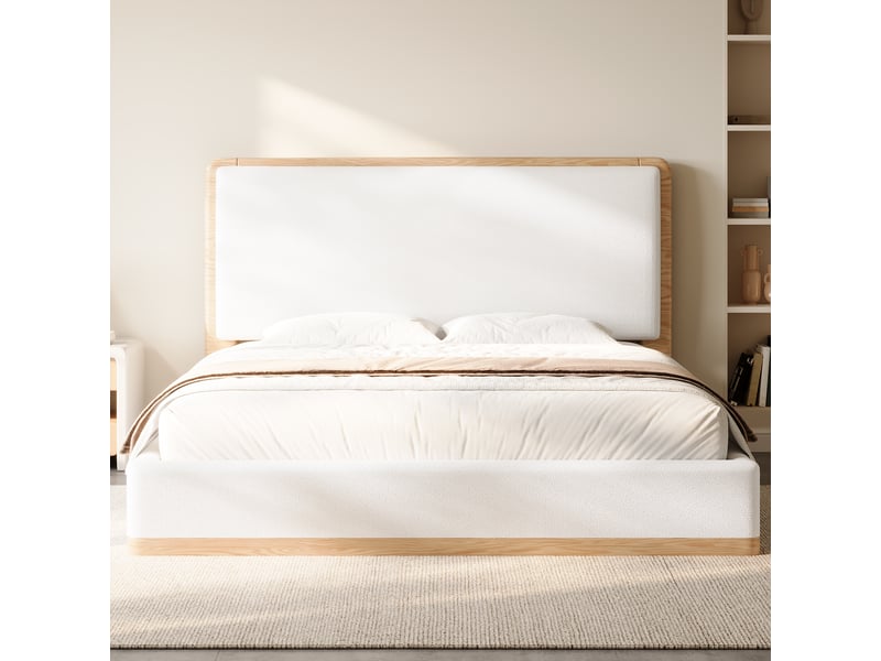 Lit coffre rembourré 180x200 cm avec rangement hydraulique, tête de lit matelassée, sommier à lattes, tissu teddy et pu, blanc et naturel - Conforama D