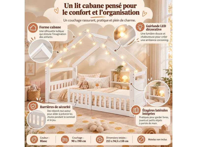 Lit cabane enfant 90 x 190 cm en pin avec guirlande led, barrières et étagères latérales de rangement, gain de place, blanc - Conforama E