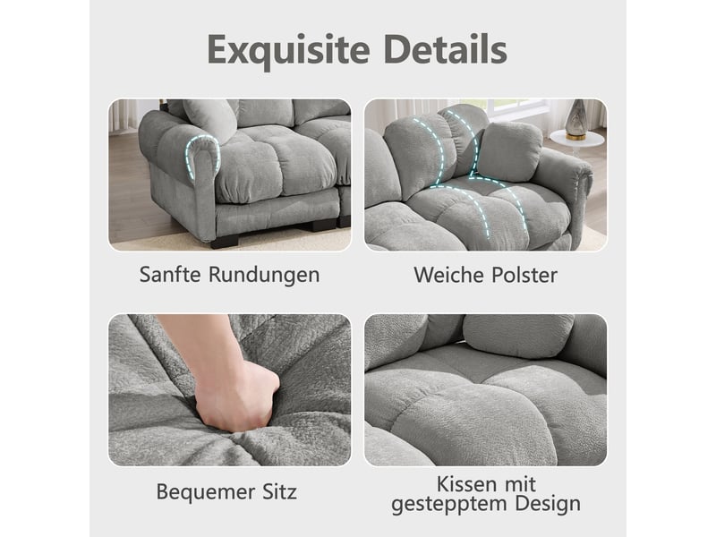  Canapé panoramique 3 places en u, revêtement chenille gris clair, incluant ottomane mobile et coussins décoratifs pour salon moderne  - Conforama D