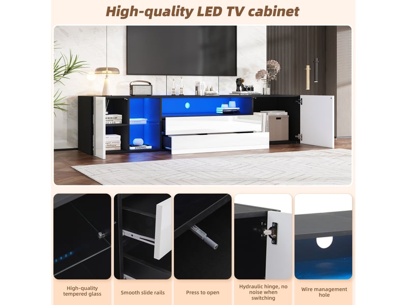  Meuble tv modenvie led 180 x 40 x 45 cm 2 tiroirs 2 placards noir et blanc  - Conforama E