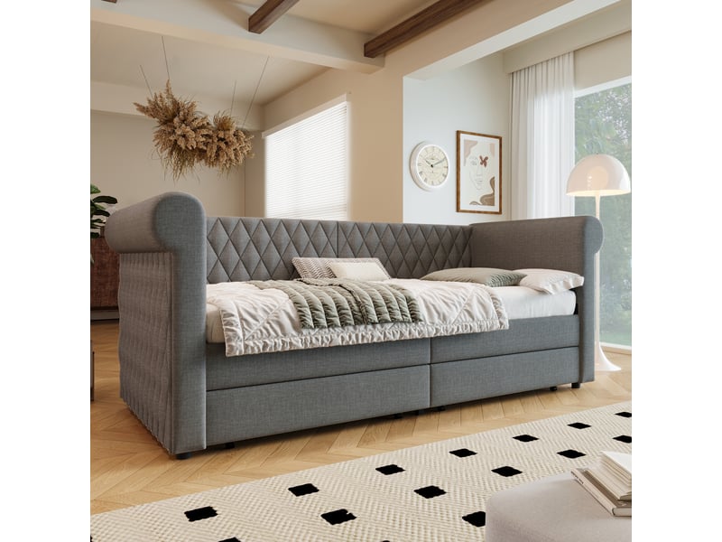  Lit banquette 90x200 cm avec deux tiroirs de rangement, lit simple enfantado, sans matelas, lin, gris  - Conforama D
