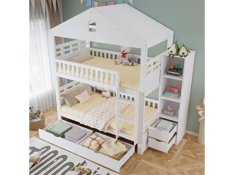  Lit superposé enfant 2 places 90×200 cm, 2 tiroirs et rangement - okmyhome- blanc, sans matelas, bois  - Conforama B