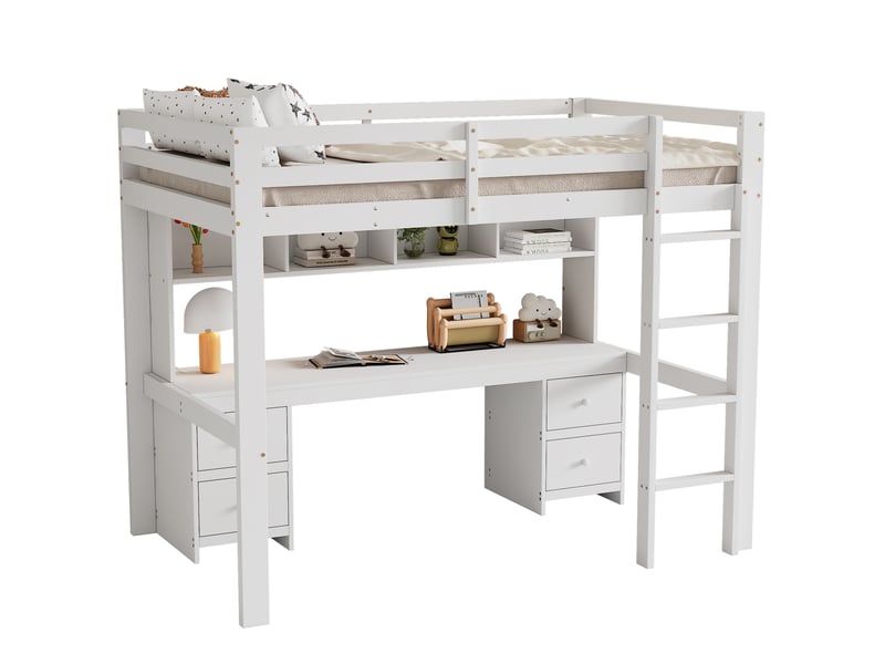  Lit mezzanine 90 x 200 cm - lit avec rangement et escalier sécurisé - pin + mdf - sans matelas - blanc  - Conforama A