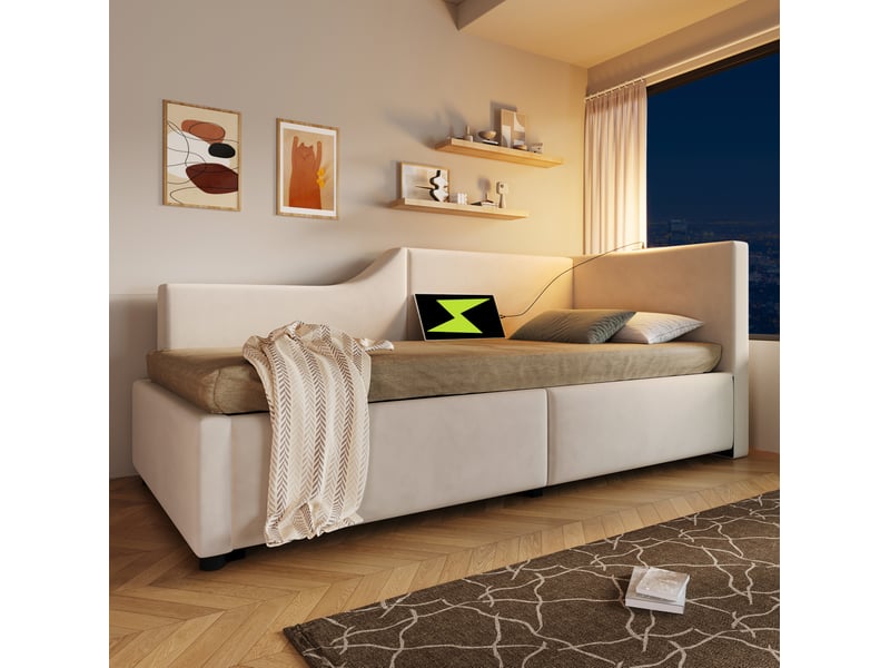  Modenvie lit banquette 90x200 cm - rangement hydraulique, ports usb-c, sommier inclus - beige  - Conforama D
