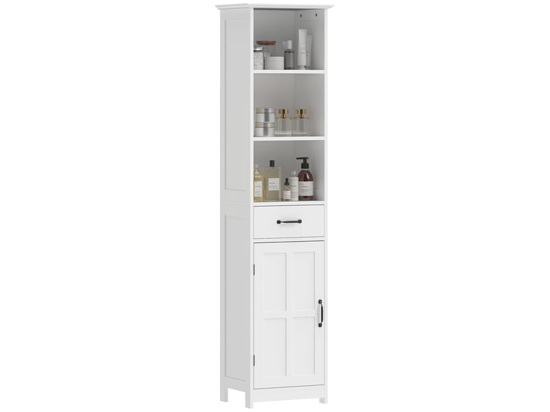  Meuble de salle de bain à trois compartiments ouverts, tiroir et étagère réglable, 40 x 30 x 164 cm, blanc  - Conforama A