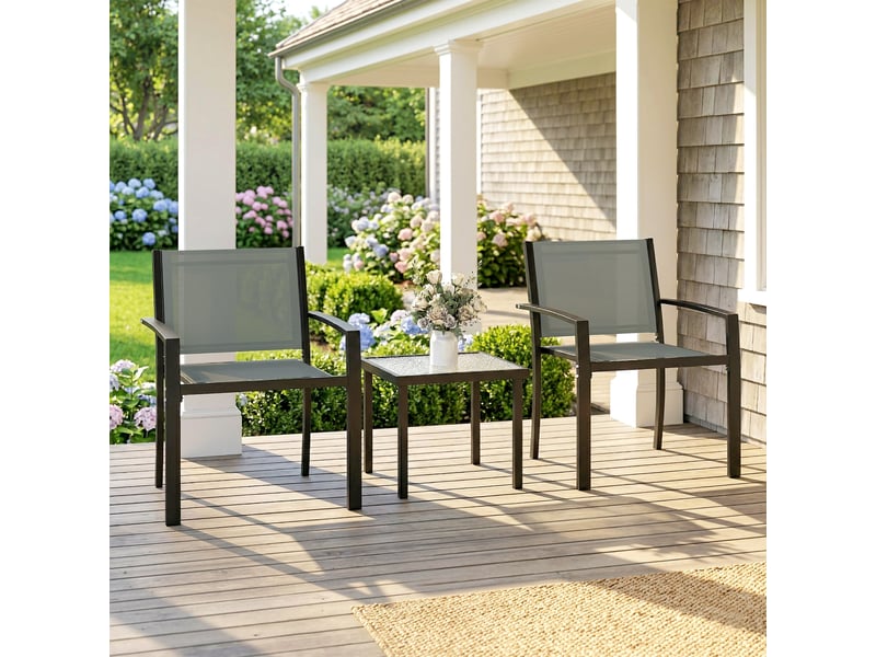  Ensemble table et chaises de patio 3 pièces avec 2 chaises en textilène et table en verre trempé gris clair  - Conforama D