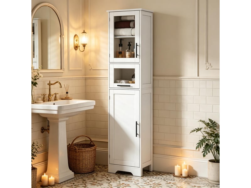 Colonne salle de bain sur pied, 2 portes, 1 tiroir, étagères réglables - Conforama B