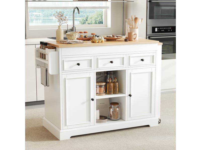  Îlot de cuisine mobile,112-188x45x92 cm,avec rangement,mdf,blanc et naturel  - Conforama B
