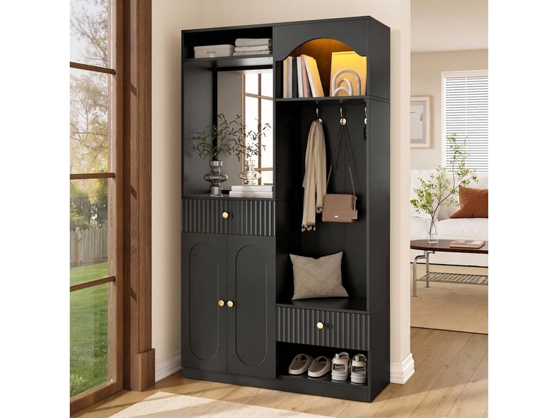  Vestiaire d'entrée avec miroir et banc à chaussures noir mdf led 100x35x180 cm  - Conforama D
