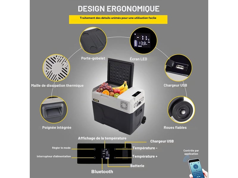  Glaciere electrique a compresseur 30l, 1224v et 100-240v, -20 a 20 c, pour voiture, camping-car et voyage  - Conforama E